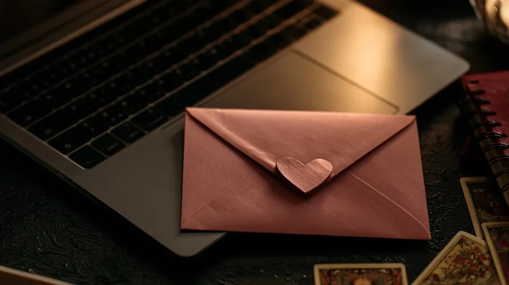 Ordinateur et enveloppe symbolisant un message réfléchi avant une reprise de contact amoureuse
