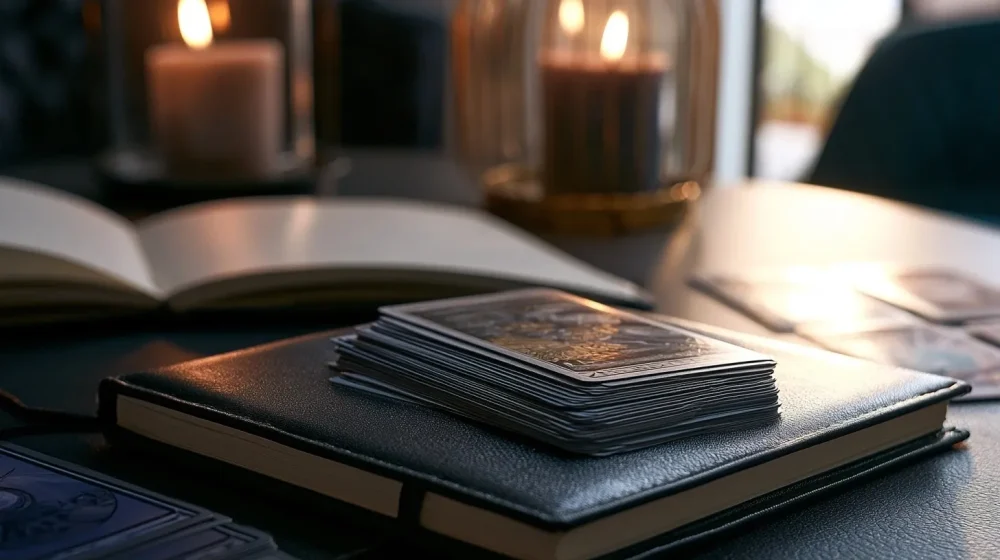 Cartes rangées et carnet fermé après une réflexion sur le libre arbitre et le retour affectif
