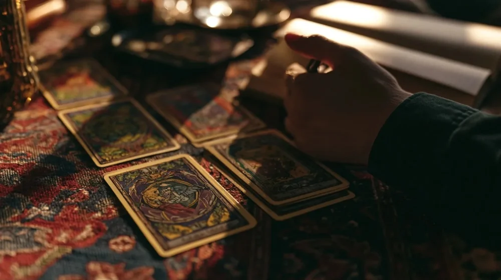 Cartes de tarot posées près d’un téléphone affichant des messages floutés pour symboliser une relation ambiguë