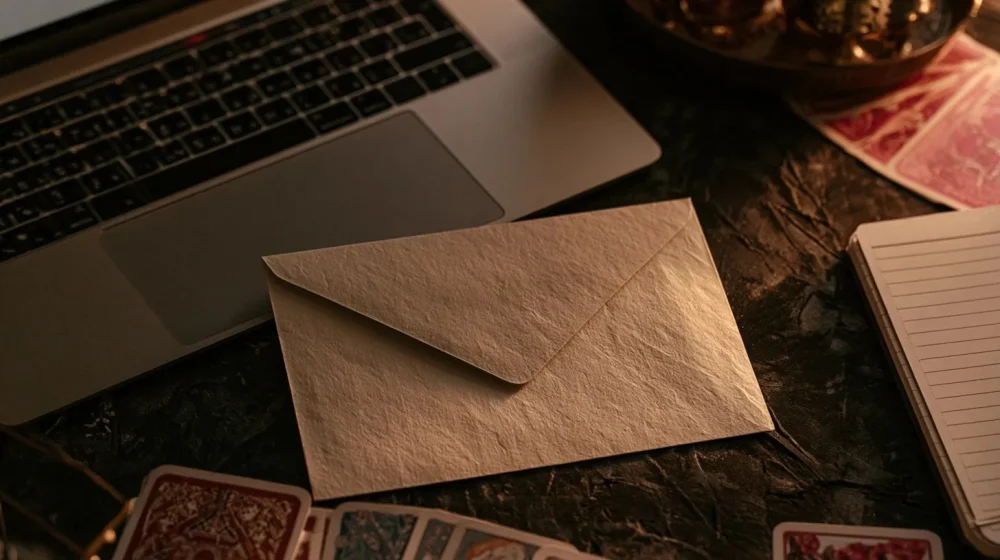 Ordinateur portable et enveloppe symbolisant une question sentimentale écrite avec clarté pour une guidance