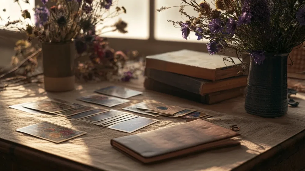 Cartes de tarot rangées près d’un carnet pour rappeler le libre arbitre après une guidance