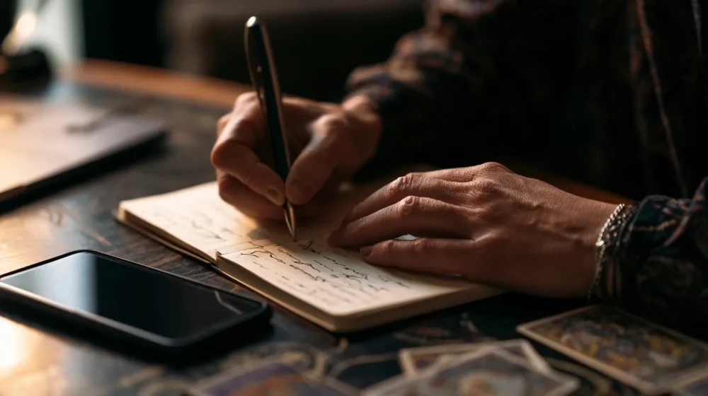Une personne écrit ses doutes amoureux dans un carnet pour clarifier une question sentimentale