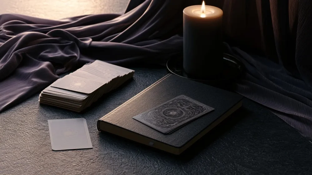 Cartes rangées et carnet fermé après une réflexion sentimentale plus apaisée