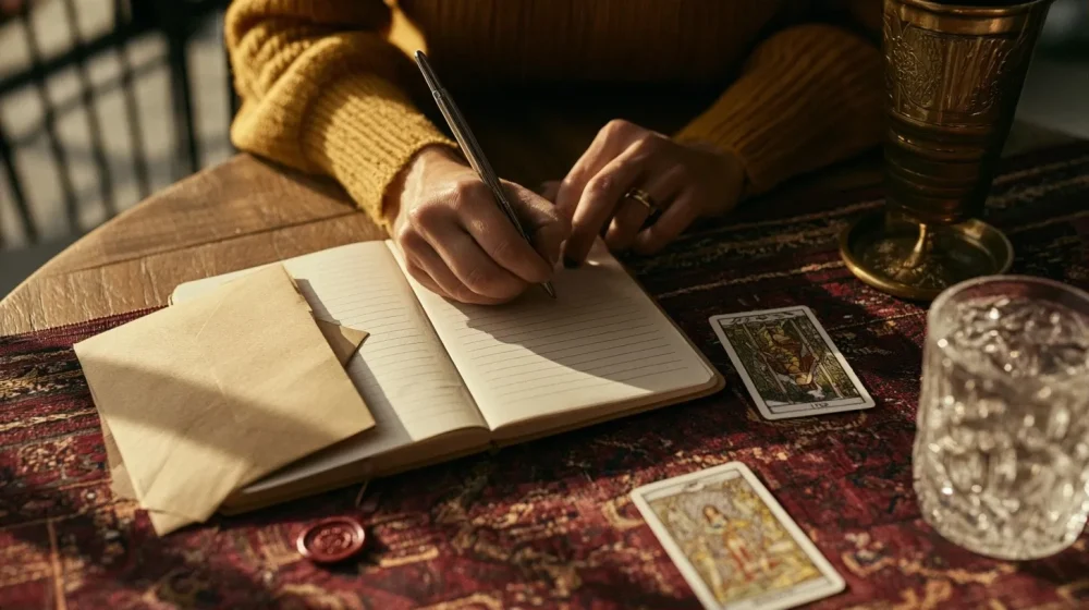 Carnet ouvert pour préparer une question sentimentale claire avant un tirage par mail