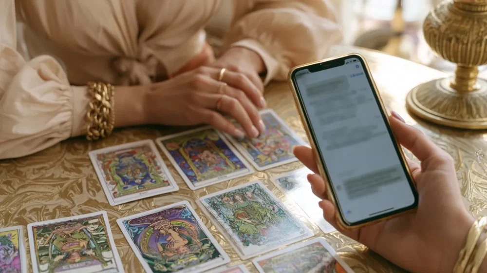 Téléphone et cartes de tarot pour représenter des signes amoureux contradictoires