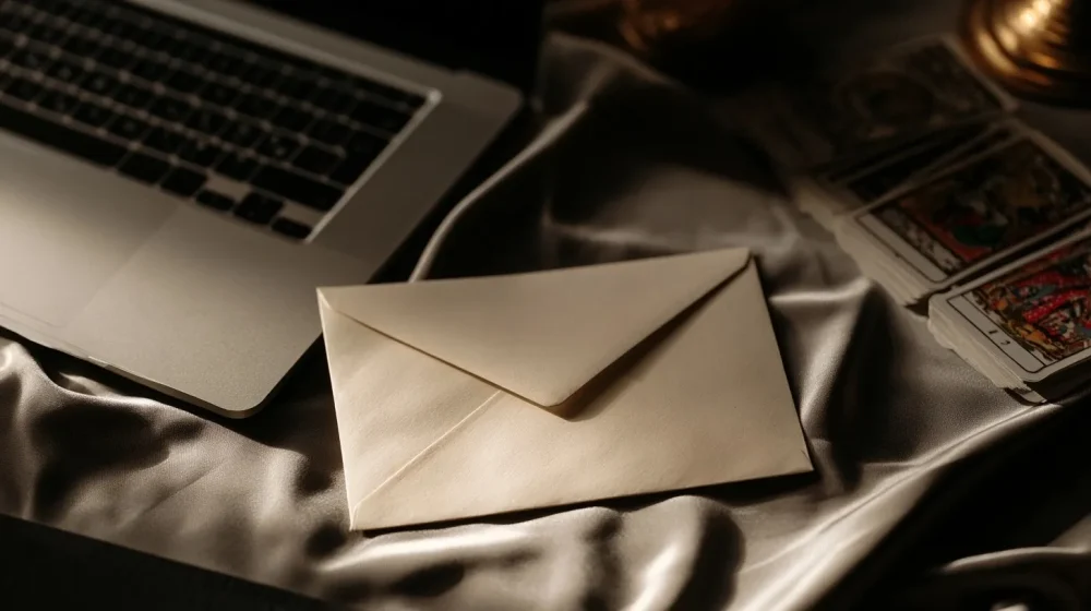 Ordinateur et enveloppe, pour formuler une question sentimentale claire par écrit