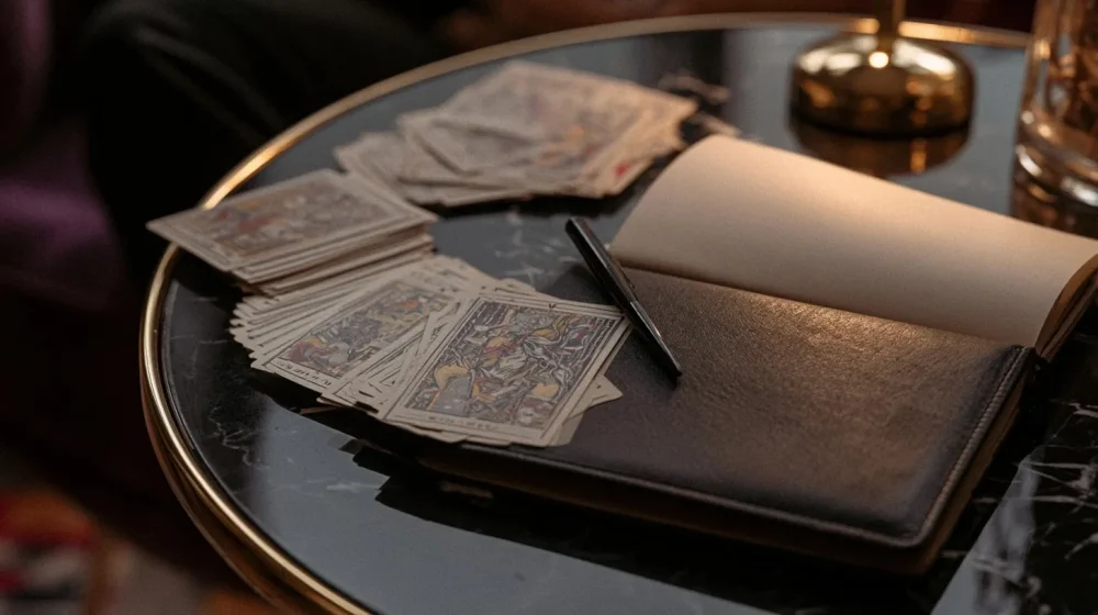 Cartes rangées et carnet fermé, image d’un choix sentimental posé et libre