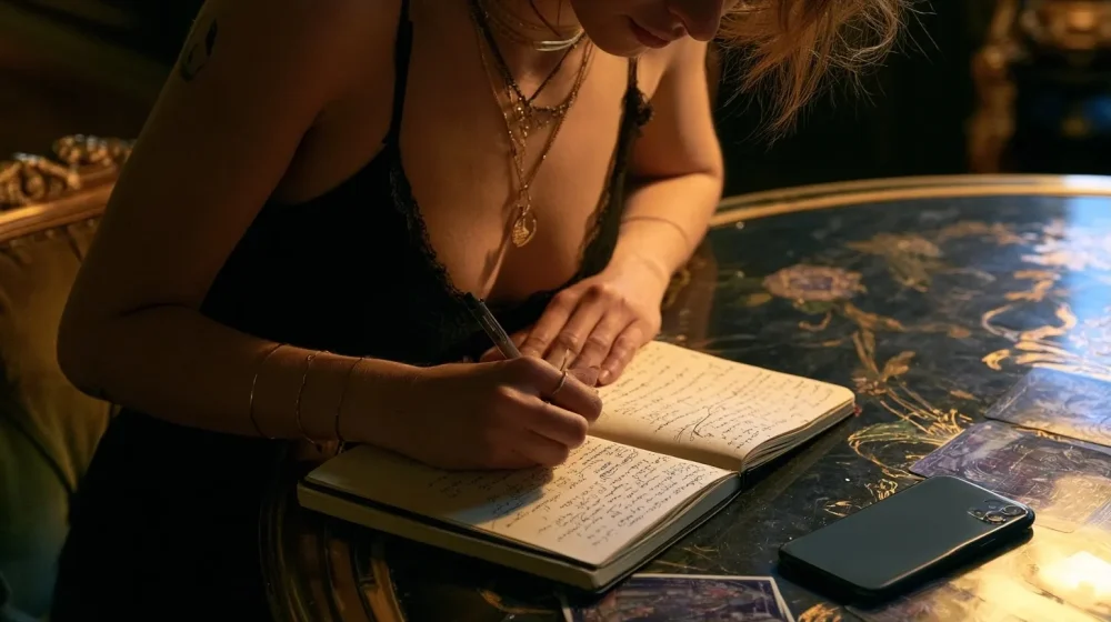 Une personne écrit ses doutes amoureux dans un carnet avant de poser une question de tirage sentimental