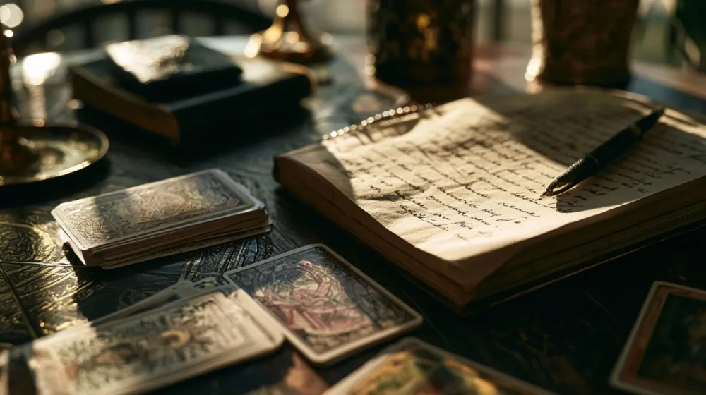 Cartes de tarot et messages amoureux floutés pour illustrer une réponse sentimentale à interpréter avec prudence