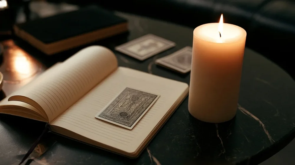 Carnet, bougie et cartes pour réfléchir à une décision sentimentale sans précipitation